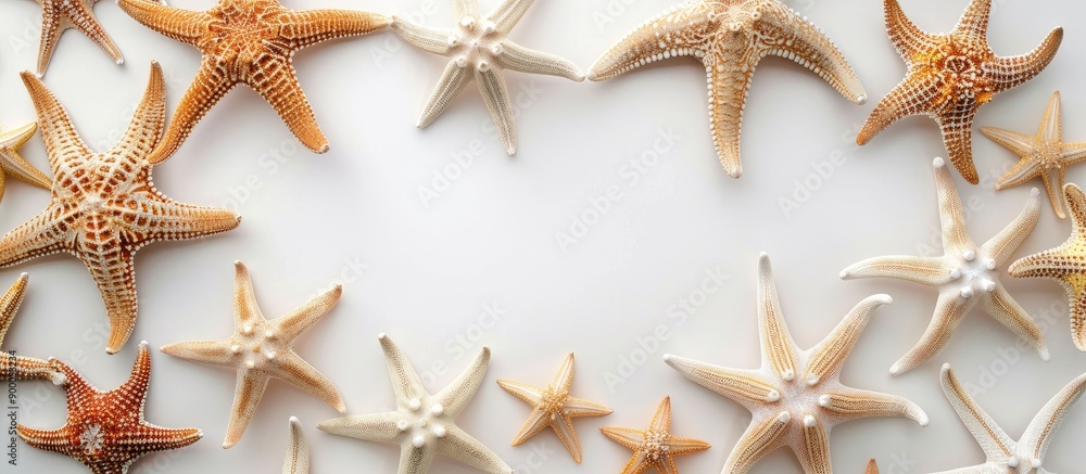 Poster Sea starfish arranged individually on a blank white surface with copy space image viewed from above