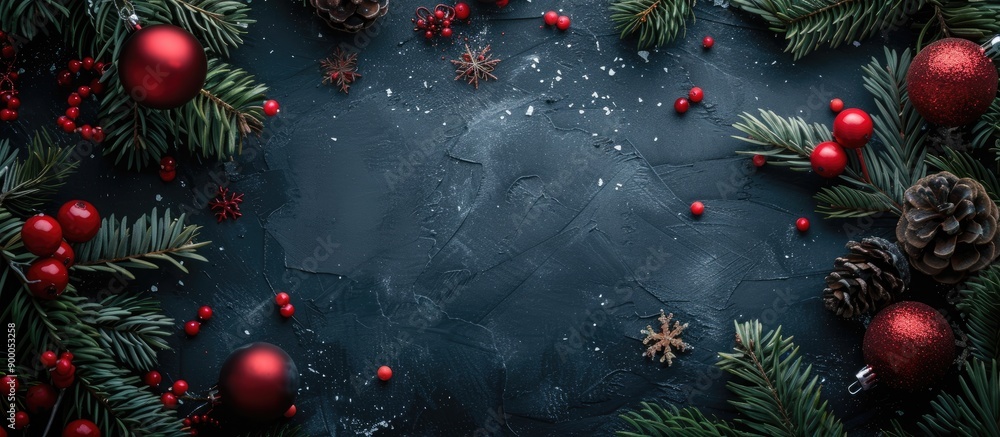 Poster Christmas themed arch made of winter elements like fir branches and red ornaments on a dark backdrop perfect for a Xmas greeting card or festive New Year s message with copy space image Top down view