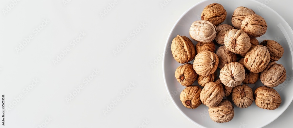 Poster top down view of a stack of walnuts on a white plate with a copy space image