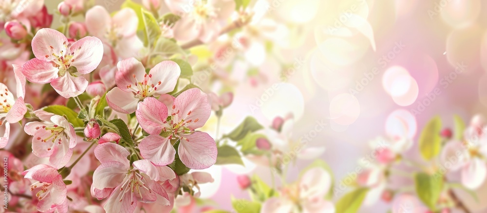 Poster spring flowers blooming on an apple blossom tree backdrop with copy space image available