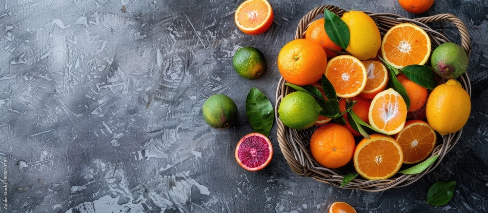 Poster basket filled with citrus fruits like oranges tangerines and clementines complete with leaves placed