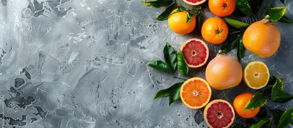 Leinwandbilder grapefruits and tangerines arranged on a gray concrete backdrop with room for text perfect for a cop