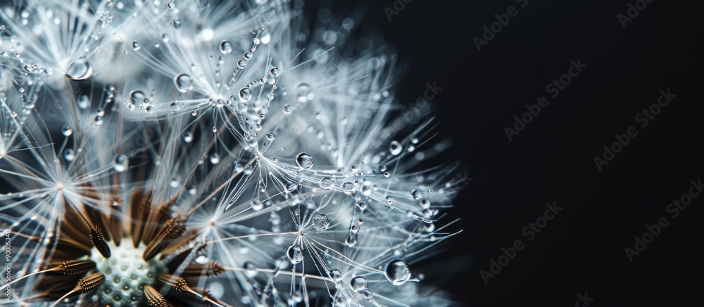 Poster a detailed view of a dandelion flower seed with dewdrops on a black backdrop suitable for a copy spa