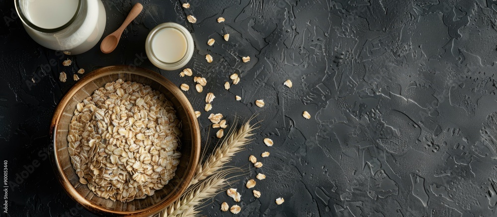 Aufkleber copy space image featuring vegan oat milk a non dairy alternative in flakes displayed in a ceramic b