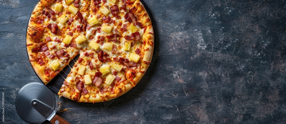 Poster delicious hawaiian pizza with cheese crispy bacon and pineapple served with a pizza cutter wheel on 