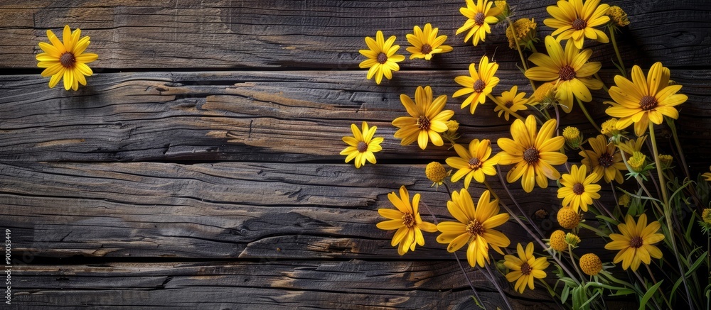 Poster Yellow flowers displayed on a rustic wooden surface with copy space image