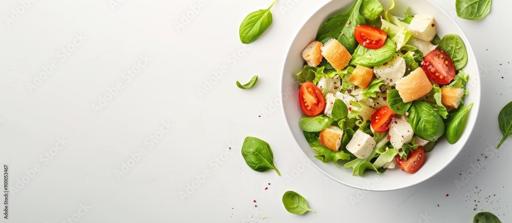Poster Fresh Caesar salad in a bowl displayed on a white background perfect for a healthy and tasty meal The banner features ample copy space for additional content