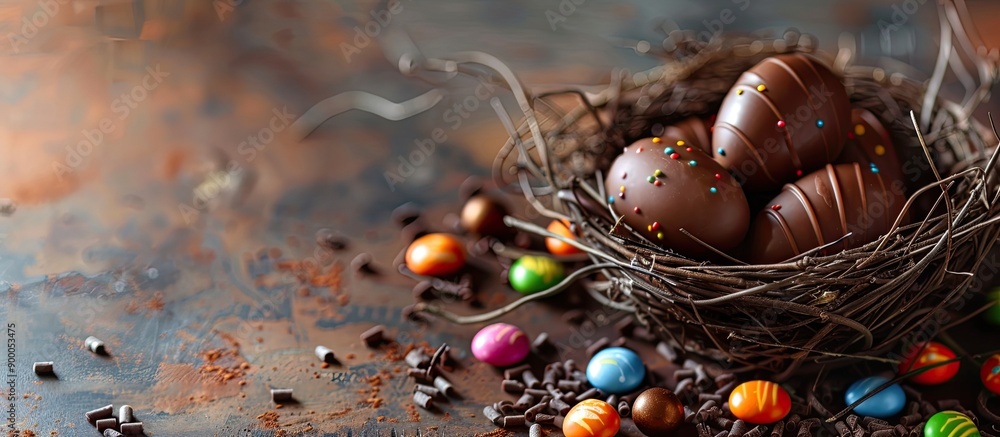 Poster closeup view of delicious chocolate eggs with candies in a decorative nest perfect for a copy space 