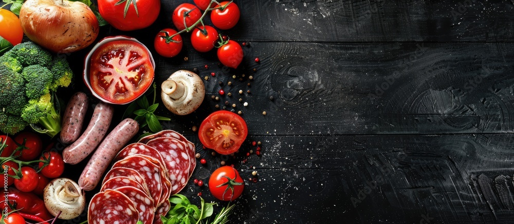 Poster pizza ingredients like mushrooms sausages tomatoes and vegetables arranged from a top view on a blac