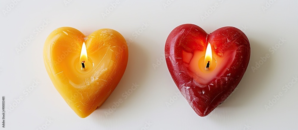 Aufkleber yellow and red heart shaped candles crafted by hand stand alone on a white backdrop embodying the va