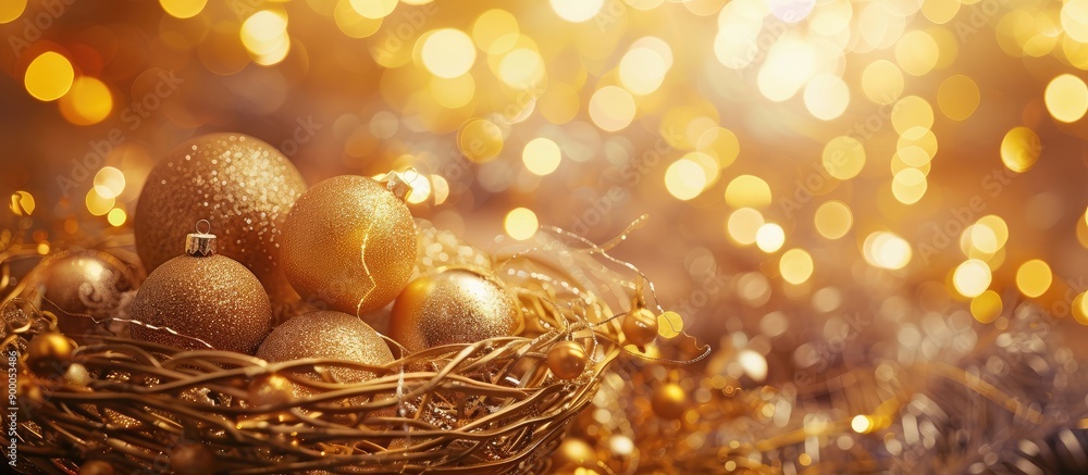 Poster Luxurious golden Christmas decoration with shiny balls and garlands displayed in a basket on a sparkling golden bokeh light background perfect for copy space images