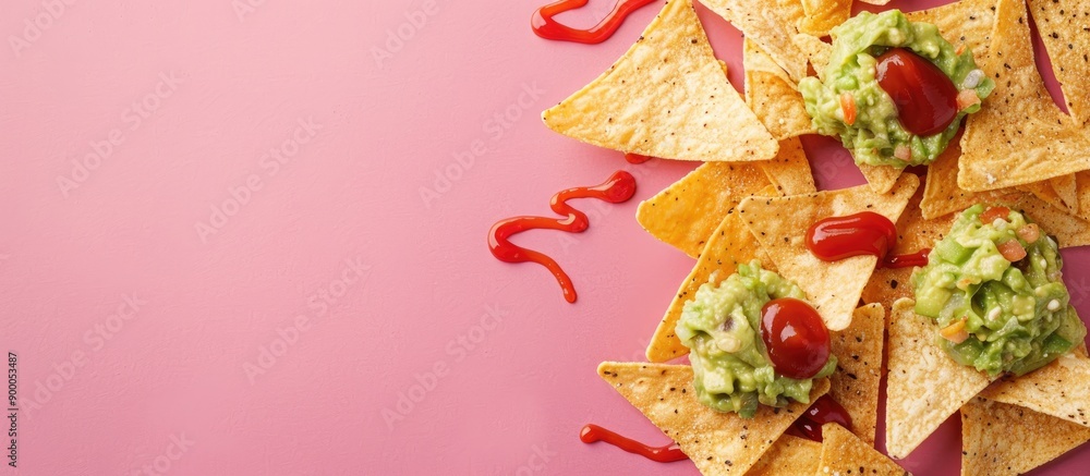 Poster top down view of a pile of corn tortilla chips with guacamole french mustard and ketchup on a pink s
