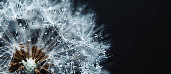A detailed view of a dandelion flower seed with dewdrops on a black backdrop suitable for a copy space image