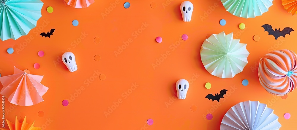 Poster minimal creative concept with pastel colored halloween paper decorations on an orange background in 