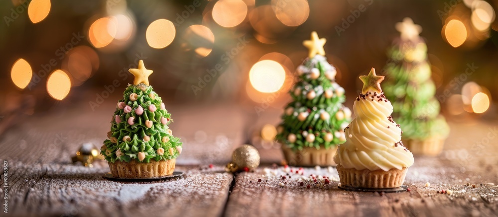Poster selective focus enhances christmas tree cakes on a wooden christmas background creating a festive co