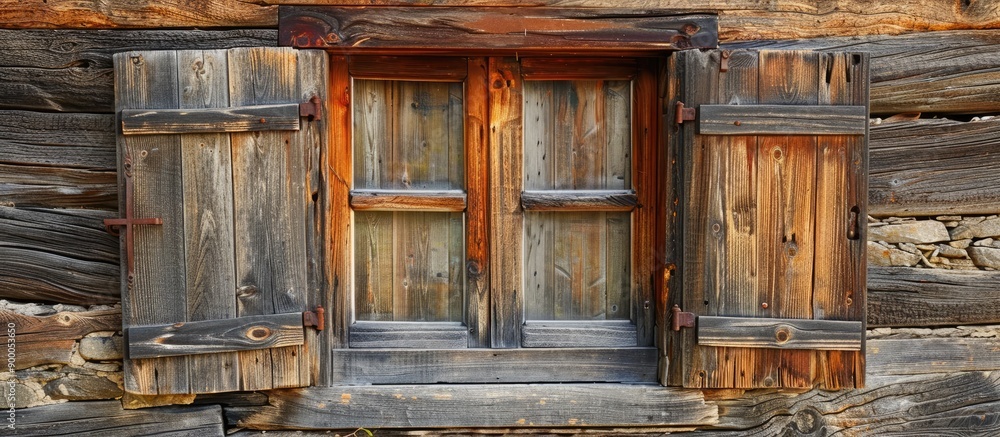 Poster ancient house wooden window with a rustic charm set against a scenic backdrop ideal for a copy space