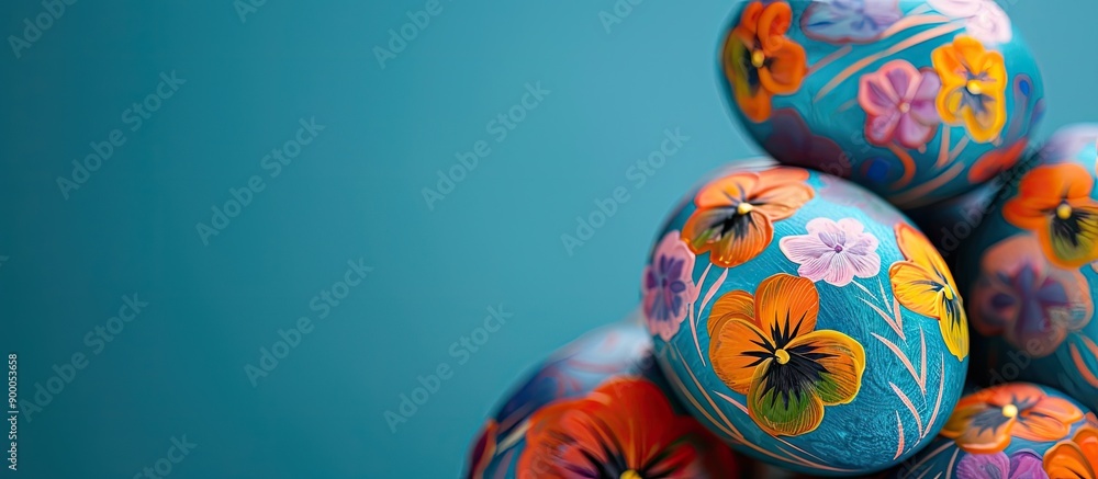 Poster A close up image of hand painted Easter eggs featuring a pansy flower against a vibrant blue backdrop with space for text. with copy space image. Place for adding text or design