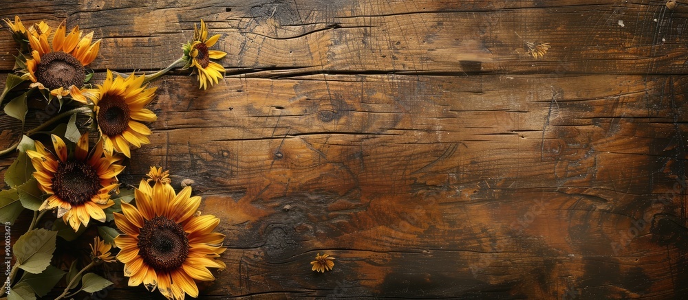 Poster sunflowers on aged wooden board with a fall theme creating a charming copy space image