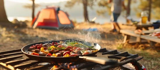 Food being prepared outdoors on a gas burner at a campsite with a scenic background perfect for adding text in a copy space image