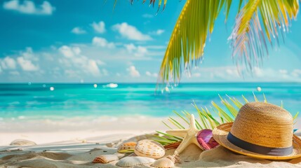 Obraz premium Tropical beach with sunbathing accessories, summer holiday background