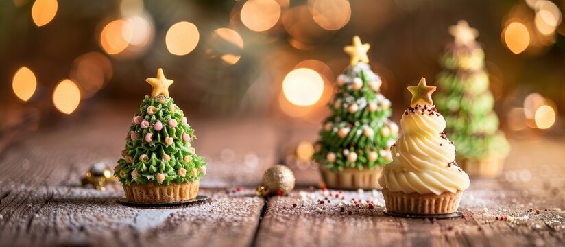 Selective focus enhances Christmas tree cakes on a wooden Christmas background creating a festive copy space image
