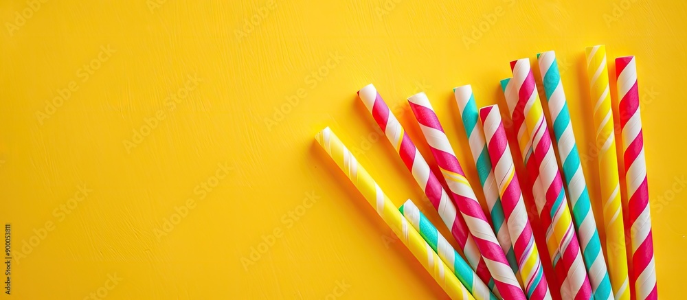 Poster Vibrant paper straws against a yellow backdrop with available space for adding text in the image. with copy space image. Place for adding text or design