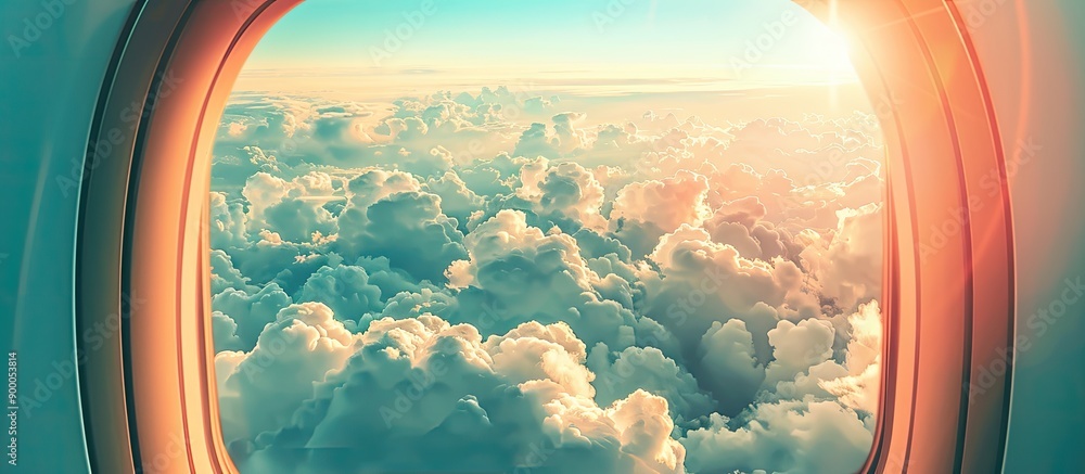 Poster view of a cloud and blue sky through an airplane window with copy space image