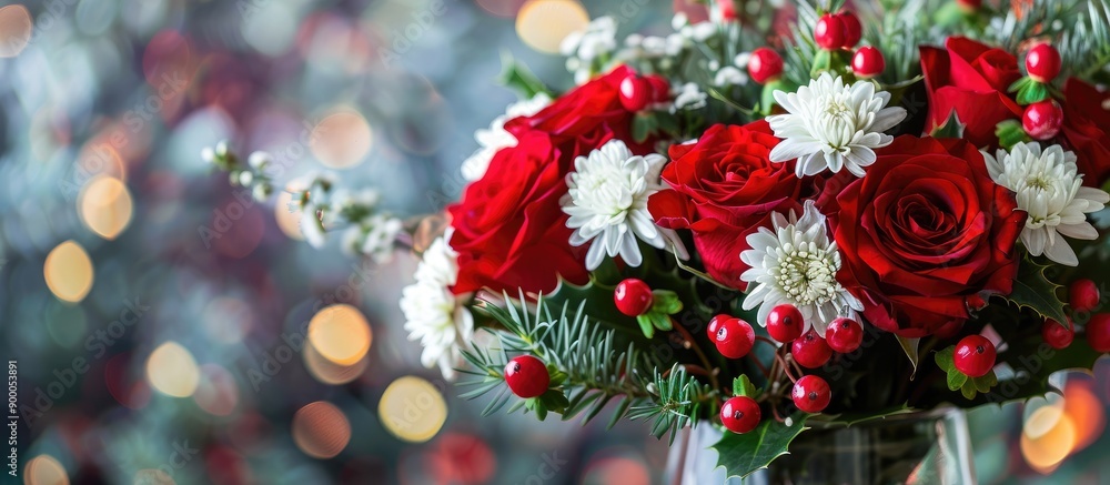 Aufkleber christmas flower composition featuring red roses white chrysanthemums and berries in a vase on a tab