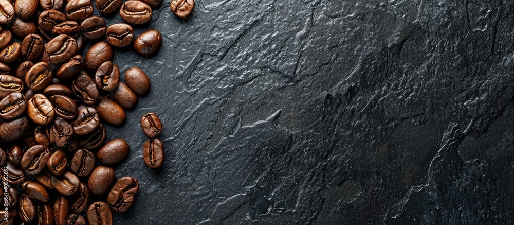 Poster coffee beans arranged on a dark surface with copy space image available