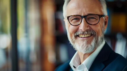 Fototapeta premium A man with glasses is smiling and wearing a suit