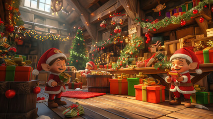 3D cartoon depicting an elf in a Christmas workshop. The elf is wearing a red Santa costume with white trim and is surrounded by beautifully wrapped gifts.