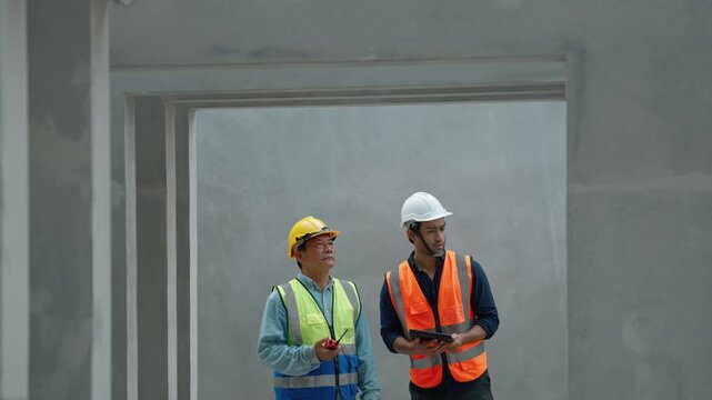 team of engineers is inspecting the production of precast concrete in a factory.
