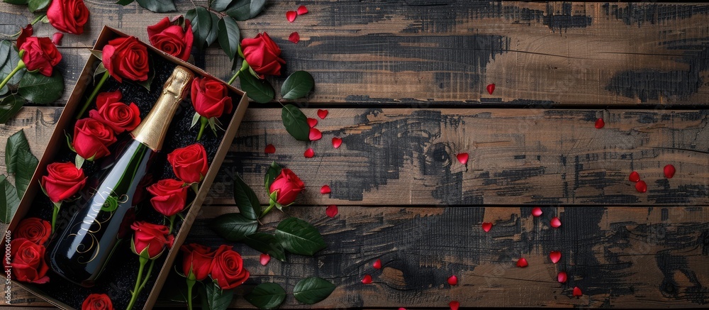Aufkleber a romantic setup featuring red roses in a black and white carton box on a rustic wooden backdrop wit