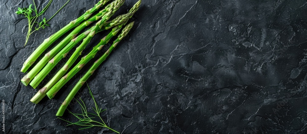 Leinwandbilder top view of asparagus on a dark stone background with a package of vegetables providing copy space i