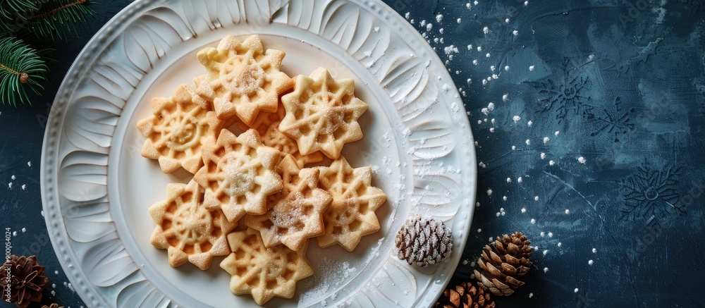 Fototapete round white plate with snowflake design holding handmade krumkake waffle cookies on a dark blue back