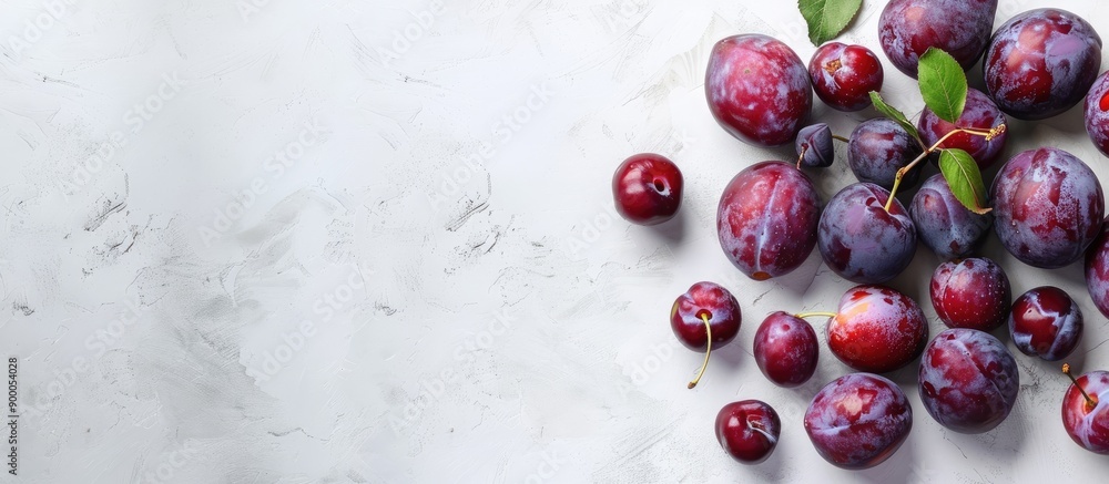Fototapete Flat lay composition with appetizing ripe plums on a white table featuring copy space image