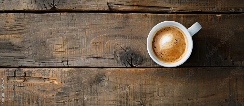 Poster top view of a cup of coffee displayed on a wooden surface with empty space for additional images