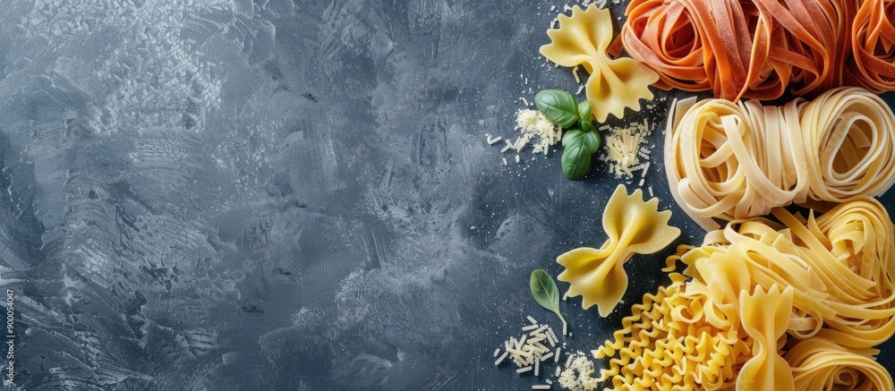 Poster top view of various types of traditional italian pasta like penne tagliatelle fusilli farfalle and s