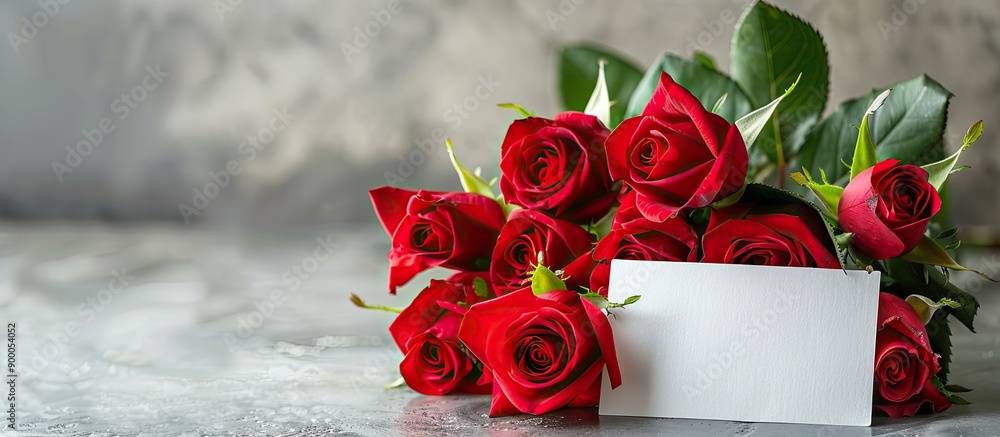 Poster a bouquet of roses arranged with a love note on a small card against a blank background for copy spa