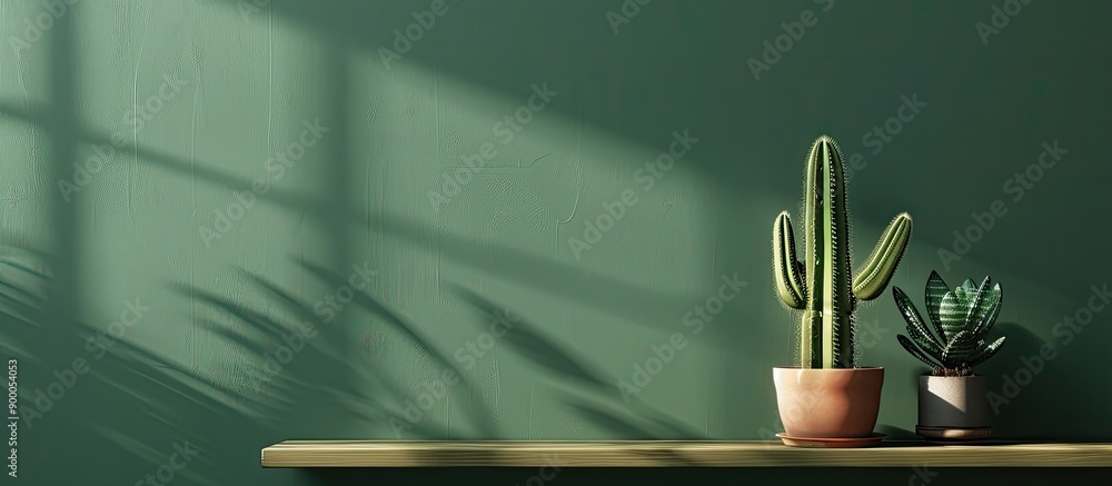 Poster A cactus is displayed in a pot on a shelving unit next to a green wall creating a visually appealing composition with copy space image available