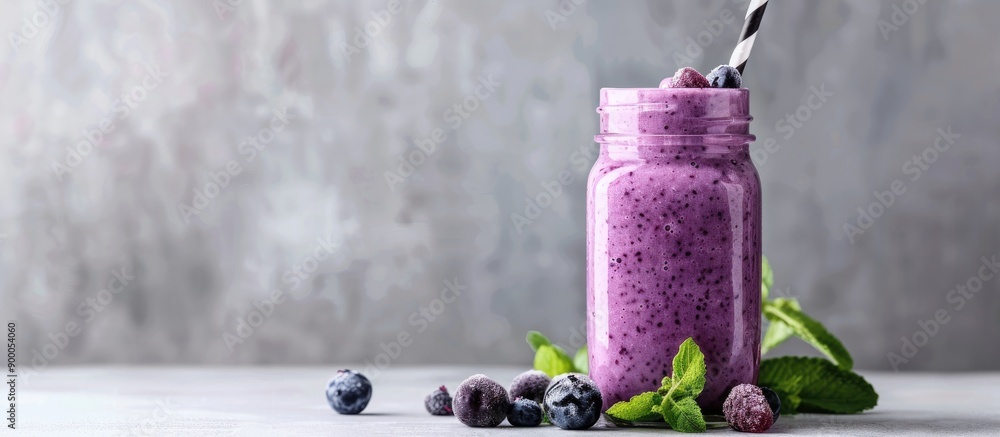 Fototapete blueberry shake in a mason jar on a white table conveying the concept of a smoothie with a blank spa