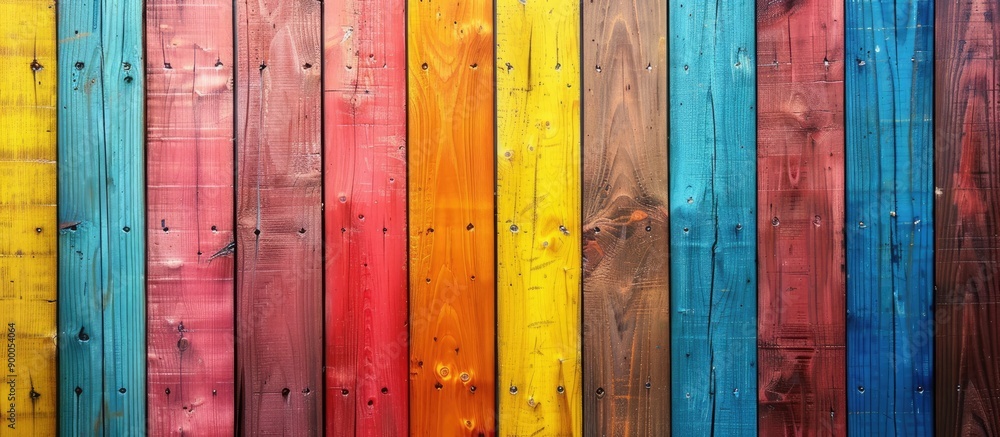 Poster colorful wooden wall with a soft focus texture of old planks can serve as a background for a copy sp