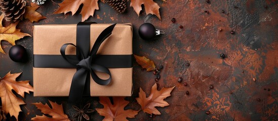 Holiday flat lay featuring a recycled gift box with a black ribbon autumn themed decor and copy space image