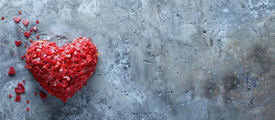 A red heart shaped coconut candy displayed on a concrete background with space for adding images or text. with copy space image. Place for adding text or design
