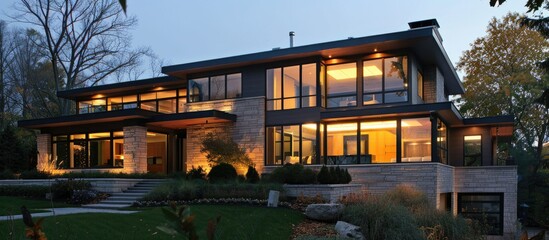 Fototapeta premium Modern home exterior featuring a flat rooftop large windows and a stone wall ideal for copy space image