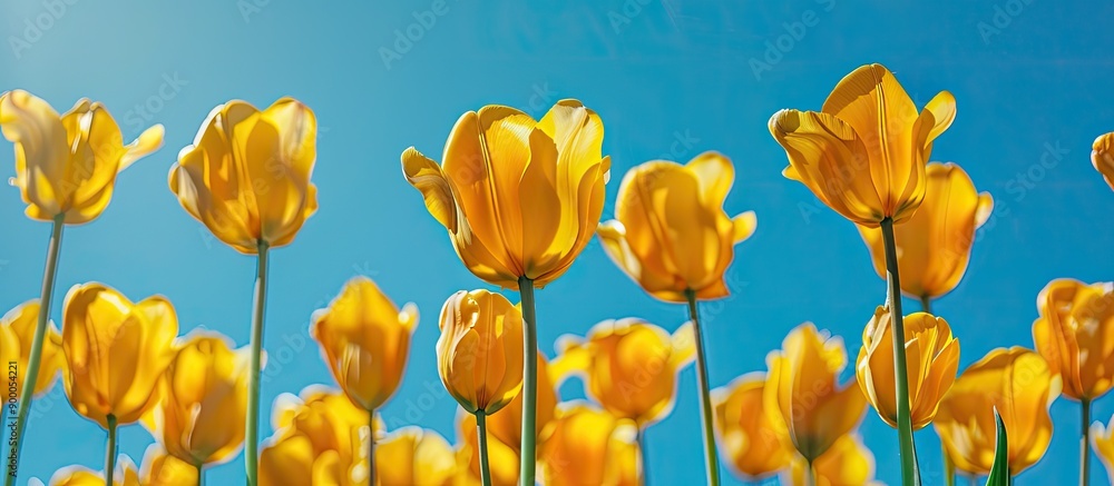Poster springtime tulips in yellow against a blue backdrop ideal for a holiday themed greeting card with co