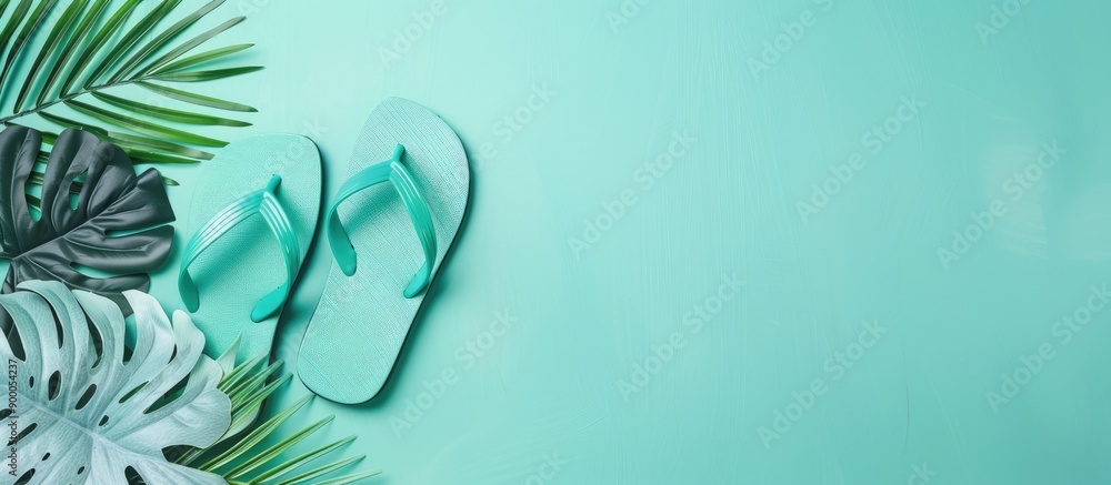 Poster summer style flip flops displayed on a fresh mint green backdrop with ample copy space image