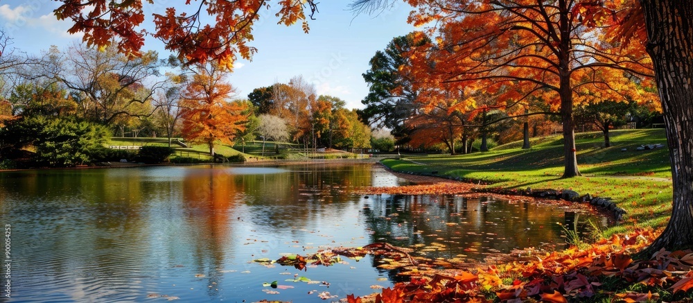 Poster A serene lake surrounded by trees showcasing the colors of fall in a park with copy space image