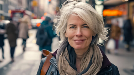 Fototapeta premium A woman with a scarf and a leather jacket is smiling