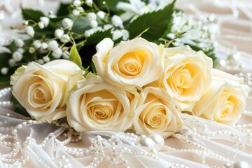 Obraz premium Elegant white roses and pearls creating a sophisticated and timeless wedding bouquet perfect for a classic bride